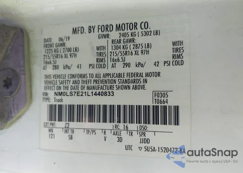 2020 Ford Transit Connect Xl Cargo Van z USA, uszkodzony, nr VIN NM0LS7E21L1440833